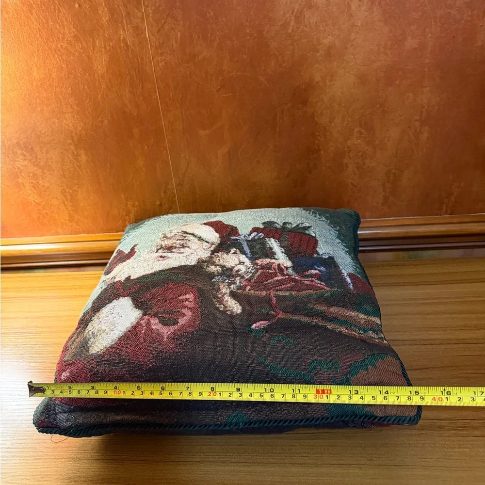 VTG Christmas Tapestry Throw Pillow Santa and His Bag Of Presents Double Sided